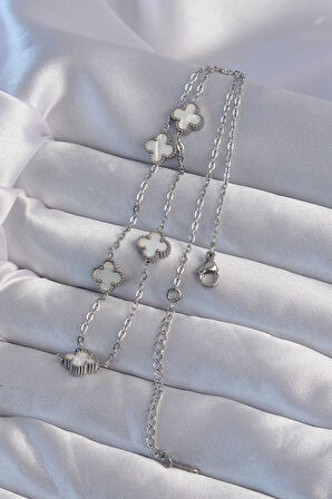 Zarif Kadın için Silver Çelik Mini Beyaz Sedefli Yonca Kolye