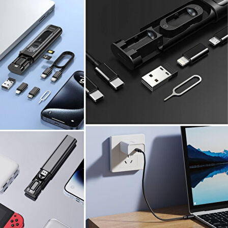 Büro Ev Ofis Personel Telefonu için Taşınır 60W Bas Aç Universal 3 Başlı Hızlı Şarj Data Kablo Seti