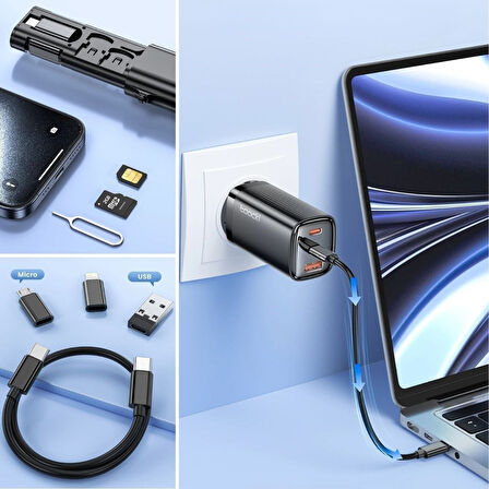 Büro Ev Ofis Personel Telefonu için Taşınır 60W Bas Aç Universal 3 Başlı Hızlı Şarj Data Kablo Seti