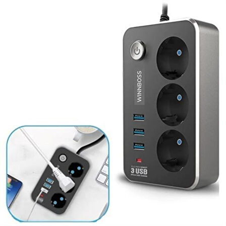 Büro Ev Ofis Yazlık için 2MT Uzatma Kablolu 2500W 10A 3PRİZ 3USB 2,1A Grup Priz