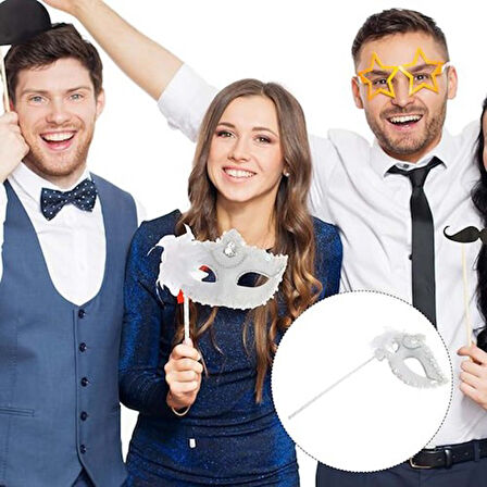 Büro Ev Ofis Gösteri Gösteri Kostümü için Beyaz Işıltılı Tutmalı Foto Çekimi Maskesi