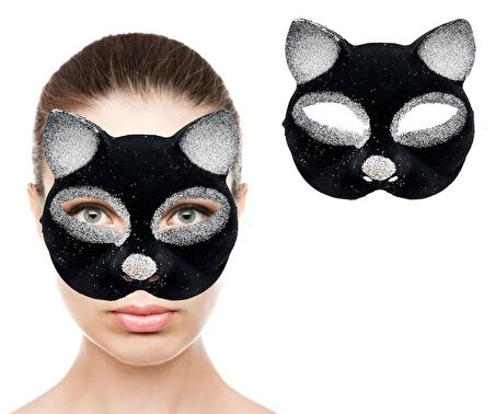 Büro Ev Ofis Gösteri Kedi Kostümü için 18x14CM Siyah Silver Simli Süet Kaplı Maske