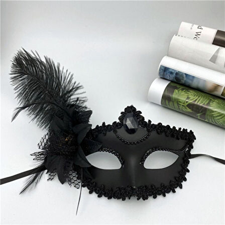 Büro Ev Ofis Gösteri Balo Kostümü için 16x22CM Mat Siyah Yan Tüy Güllü Maske