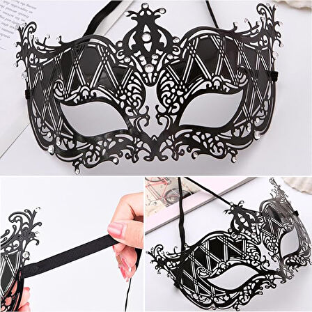 Büro Ev Ofis Gösteri Balo Kostümü için Kristal Silver Taşlı Siyah Metal Maske