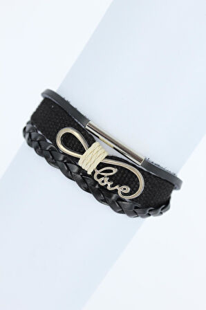 Bakımlı Erkek için Metal Aksesuarlı Siyah Deri Bileklik