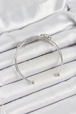 Zarif Kadın için Silver Pirinç Zirkonlu Yonca Çiftli Bileklik