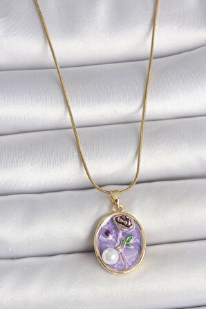 Zarif Kadın için Golden Çelik Zincir Mor Çiçek İşli İnci Portre Kolye