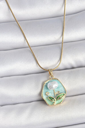 Zarif Kadın için Golden Çelik Yapım Zincir Mavi Çiçekli İncili Portre Kolye