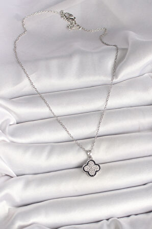 Zarif Kadın için Silver Çelik Yapım Zincir Zirkonlu Yonca Kolye