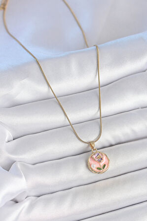 Zarif Kadın için Golden Çelik Zincir Pembe Mini Çiçek İnci Portre Kolye