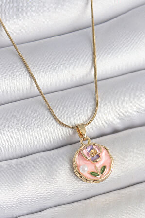 Zarif Kadın için Golden Çelik Zincir Pembe Mini Çiçek İnci Portre Kolye