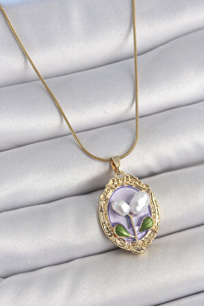 Zarif Kadın için Golden Çelik Mor İncili Çiçek Portre Kolye