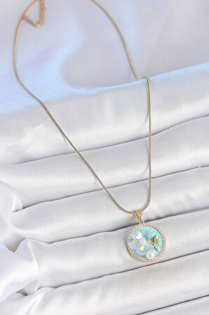 Zarif Kadın için Golden Çelik Zincir Zirkonlu Mavi Mine Çiçek İnci Kolye