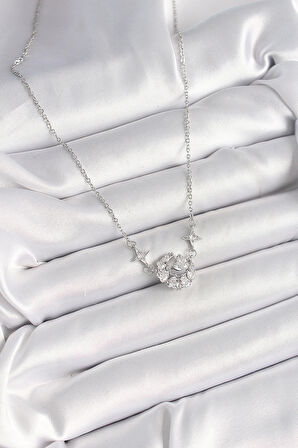 Zarif Kadın için Silver Çelik Zirkonlu Hilal Kalp Kolye