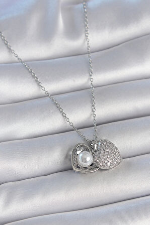 Zarif Kadın için Silver Çelik Zincir Zirkonlu Açılır İnci Kalp Kolye