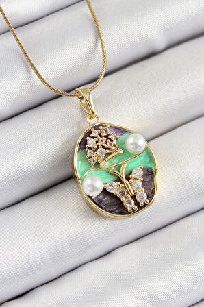 Zarif Kadın için Golden Çelik Zirkon Yeşil Mor Portre İnci Ağaç Kelebek Kolye