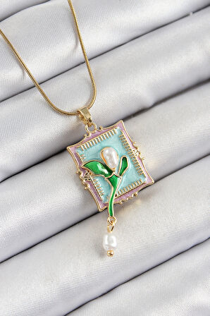 Zarif Kadın için Golden Çelik Zincir Turkuaz Portre Sallantı İnci Lale Kolye