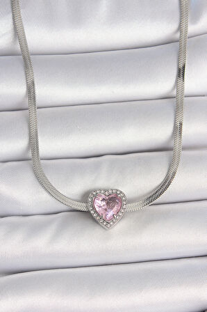 Zarif Kadın için Silver Çelik İtalyan Zincir Pembe Zirkonlu Kalp Kolye