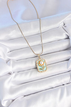 Zarif Kadın için Golden Çelik Zincir Mavi Mine İnci Papatya Portre Kolye