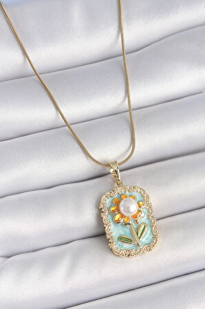 Zarif Kadın için Golden Çelik Zincir Mavi Mine İnci Papatya Portre Kolye
