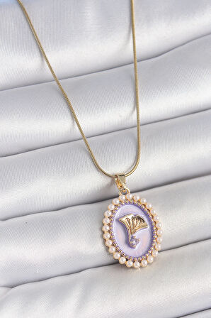 Zarif Kadın için Golden Çelik Mor Mine İnci Zirkonlu Çiçekli Portre Kolye