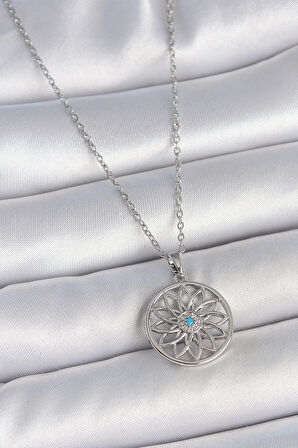 Zarif Kadın için Silver Çelik Zincir Mavi Taşlı Lotus Kolye