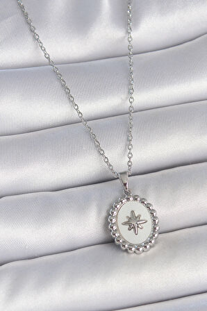 Zarif Kadın için Silver Çelik Zincir Beyaz Mineli Yıldızlı Madalyon Kolye
