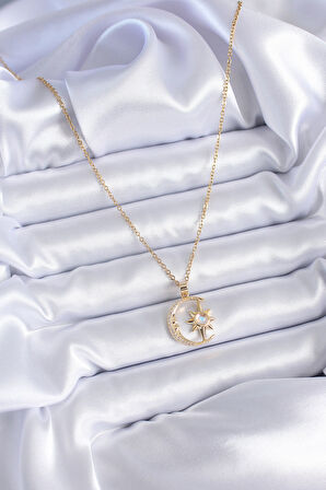 Zarif Kadın için Golden Çelik Zirkonlu Ay Yıldız Kolye