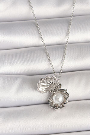 Zarif Kadın için Silver Çelik Zincir Açılır İncili Midye Kolye