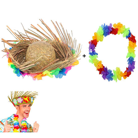 Büro Ev Ofis Gösteri Hawaii Kostümü için Tropikal Çiçekli Hasır Şapka Çiçekli Kolye Seti