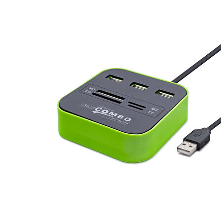 Büro Ev Ofis Network Bağlantısı için Yeşil 3USB MS SD M2 TF Girişli Combo Hub