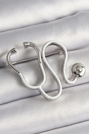 Zarif Kadın için Silver Pirinç Zirkonlu Beyaz Steteskop Tasarım Broş