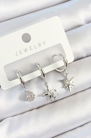 Zarif Kadın için Silver Pirinç Zirkonlu Kutup Yıldızı Tarz Üçlü Çift Küpe Seti
