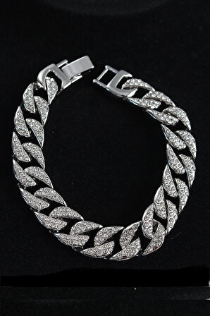 Bakımlı Erkek için Silver Pirinç Zirkonlu Cuba Gurmet Stil Bileklik