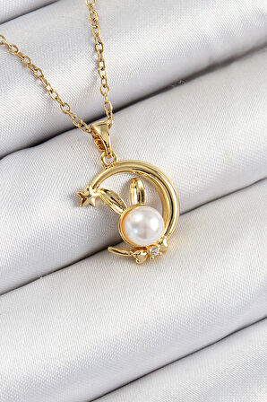 Zarif Kadın için Golden Çelik  İnci Detaylı Hilal Tavşan Stil Kolye