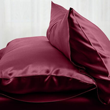Büro Ev Ofis için 2PARÇA 50X70CM Bordo İpek Saten Antibakteriyel Terletmez Yastık Kılıf Seti