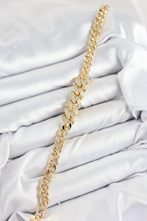 Zarif Kadın için Golden Pirinç Zirkonlu Küba Zincir Bileklik