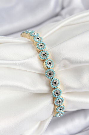 Zarif Kadın için Golden Pirinç Zirkonlu Turkuaz Nazarlıklı Lastikli Bileklik