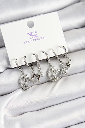 Zarif Kadın için Silver Pirinç Zirkonlu Ay Yıldız Üçlü Küpe Seti