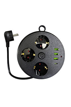 Büro Ev Ofis için 1MT Makaralı 4000W 16A 3PRİZ 3USB 1TYPEC Anahtar Akım Korumalı Grup Priz