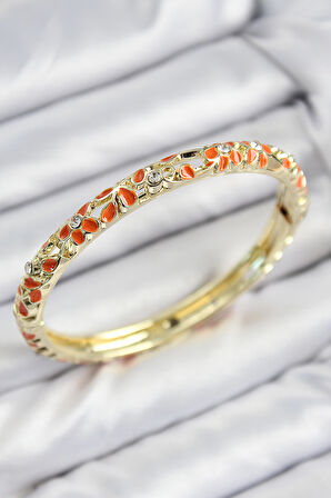 Zarif Kadın için Golden Mineli Pirinç Zirkonlu Turuncu Çiçekli Kelepçe Bileklik