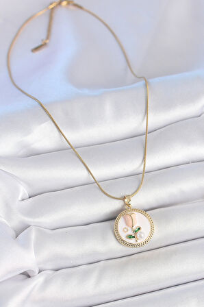 Zarif Kadın için Golden Çelik Beyaz Mineli İncili Çiçek İşli Portre Kolye