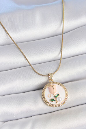 Zarif Kadın için Golden Çelik Beyaz Mineli İncili Çiçek İşli Portre Kolye