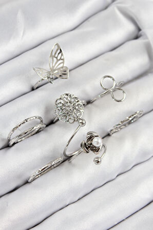 Zarif Kadın için Silver Pirinç Gül Kelebek Tip Yüzük Kombin Seti