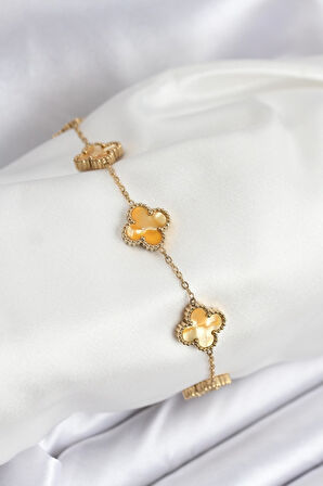 Zarif Kadın için Golden Çelik Zincir Sarı Yonca Bileklik