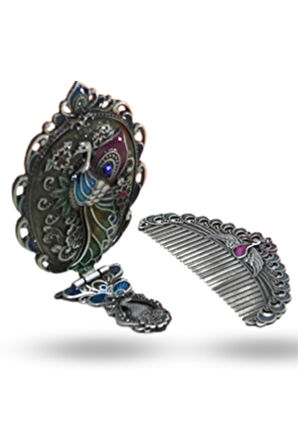 Büro Ev Ofis Hediyesi için 17X7,5CM Katlanır Tavuskuşu Metal Aynalı Tarak Seti