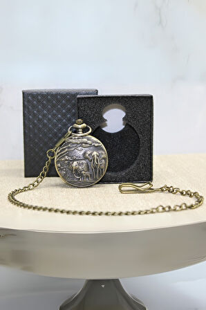 Büro Ev Ofis Hediyesi için Kutulu Antik Fil Motif Köstekli Saat