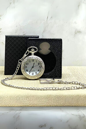 Büro Ev Ofis Hediyesi için Kutulu Silver Barok Stil Köstekli Saat