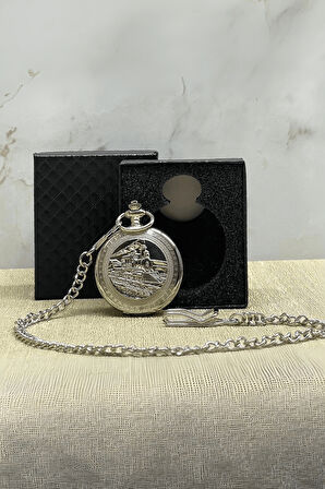 Büro Ev Ofis Hediyesi için Kutulu Silver Tren Figür Köstekli Saat