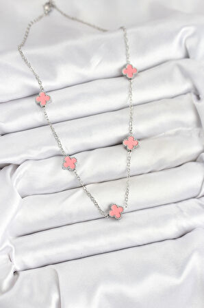 Zarif Kadın için Silver Çelik Pembe Baby Boy Yonca Zincir Kolye